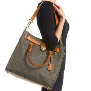 MICHAEL KORS Brown Hamilton Saffiano Large Tote | MK Monogram Lock & Key Purse